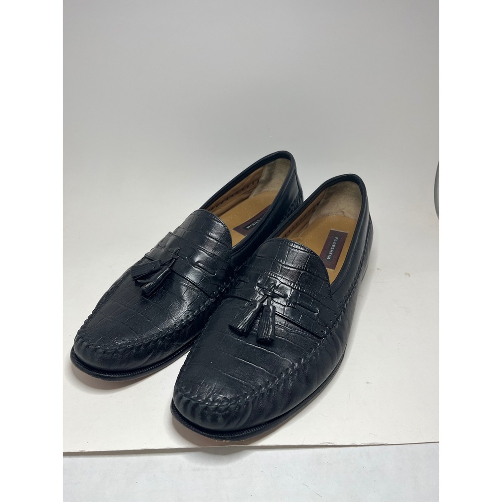 Florsheim Mens Loafers 14D Black Tassel Croc Embossed Leather Slip On Dress Shoe